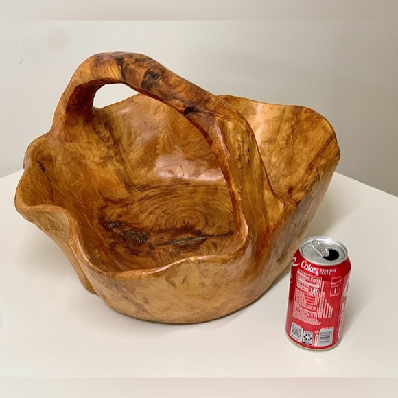 Mid Century Vtg Artisan Hand Carved Solid Tree Burl Wooden Fruit Bowl Basket - Picture 14 of 16